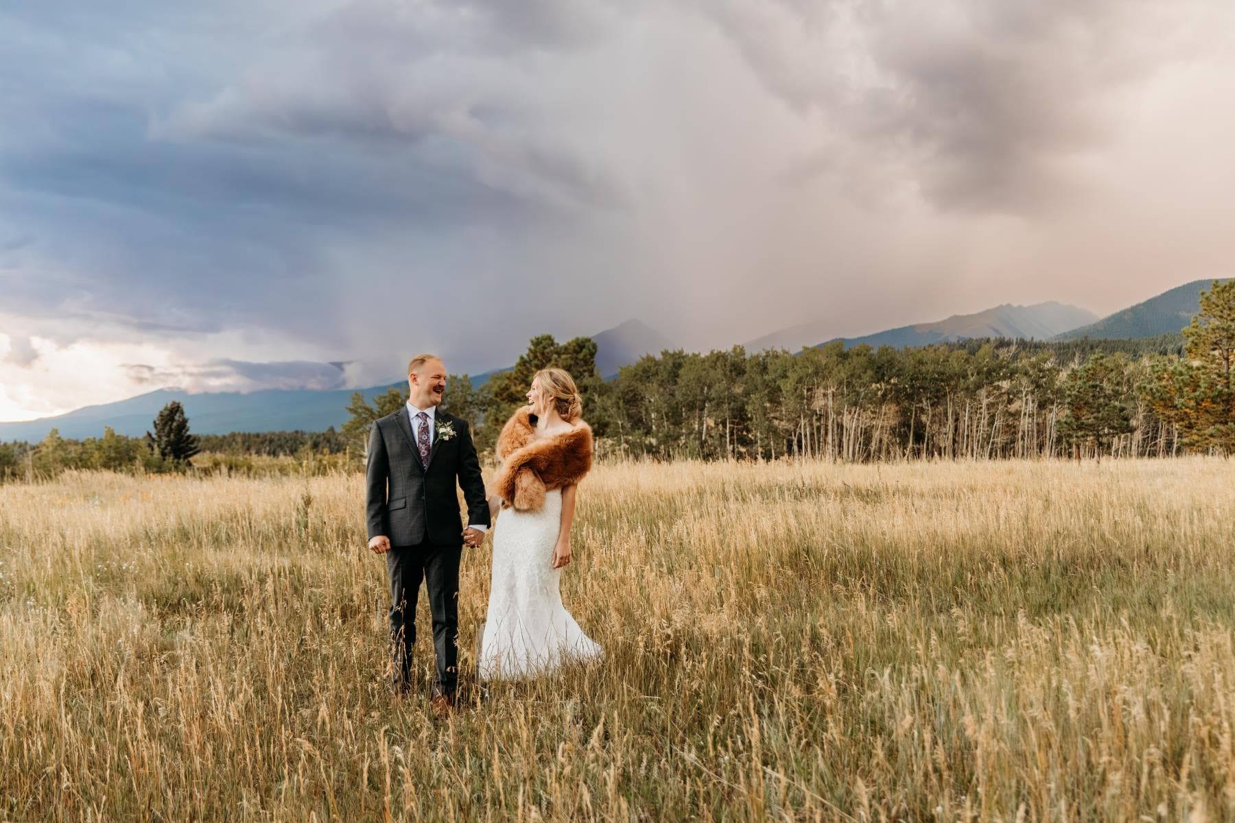 Wedding couple romantic portrait golden hour Front Range Colorado
