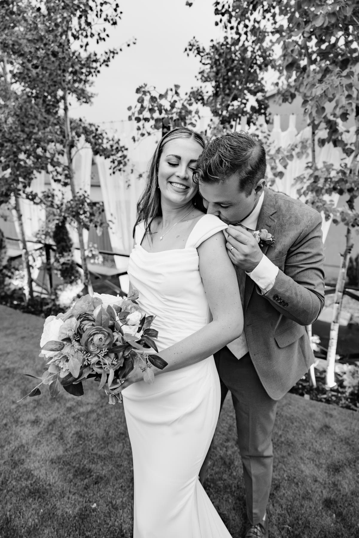 Wedding couple romantic portrait golden hour Front Range Colorado