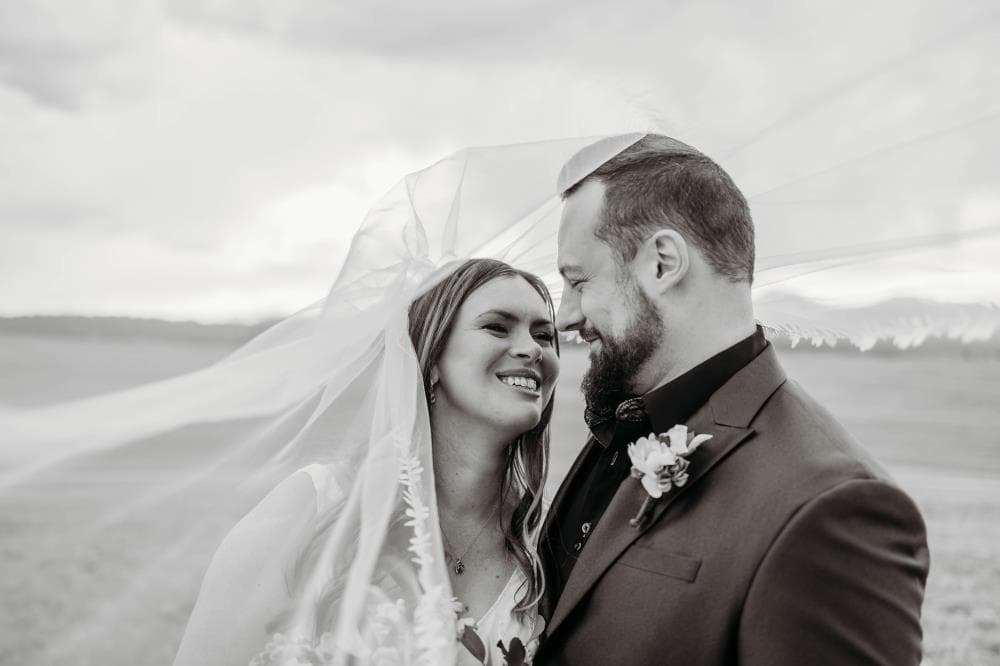 Wedding couple romantic portrait golden hour Front Range Colorado